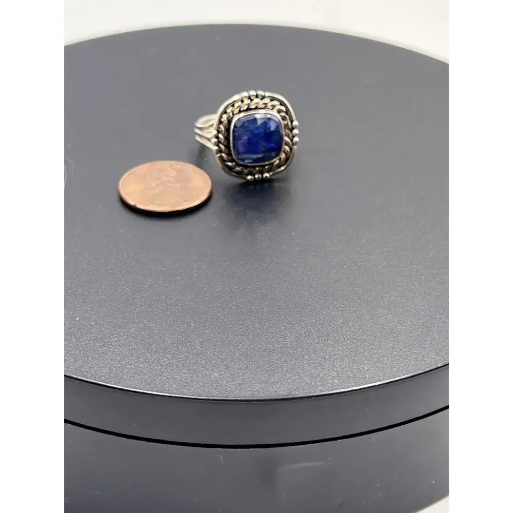 Artisan Twisted Sterling Silver Cushion Cut Deep Blue Kyanite Stone‎ ring Sz  9